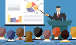 Businessman in suit and tie making presentation explaining charts on a white board. Business seminar. Flat style vector illustration