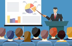 Businessman in suit and tie making presentation explaining charts on a white board. Business seminar. Flat style vector illustration